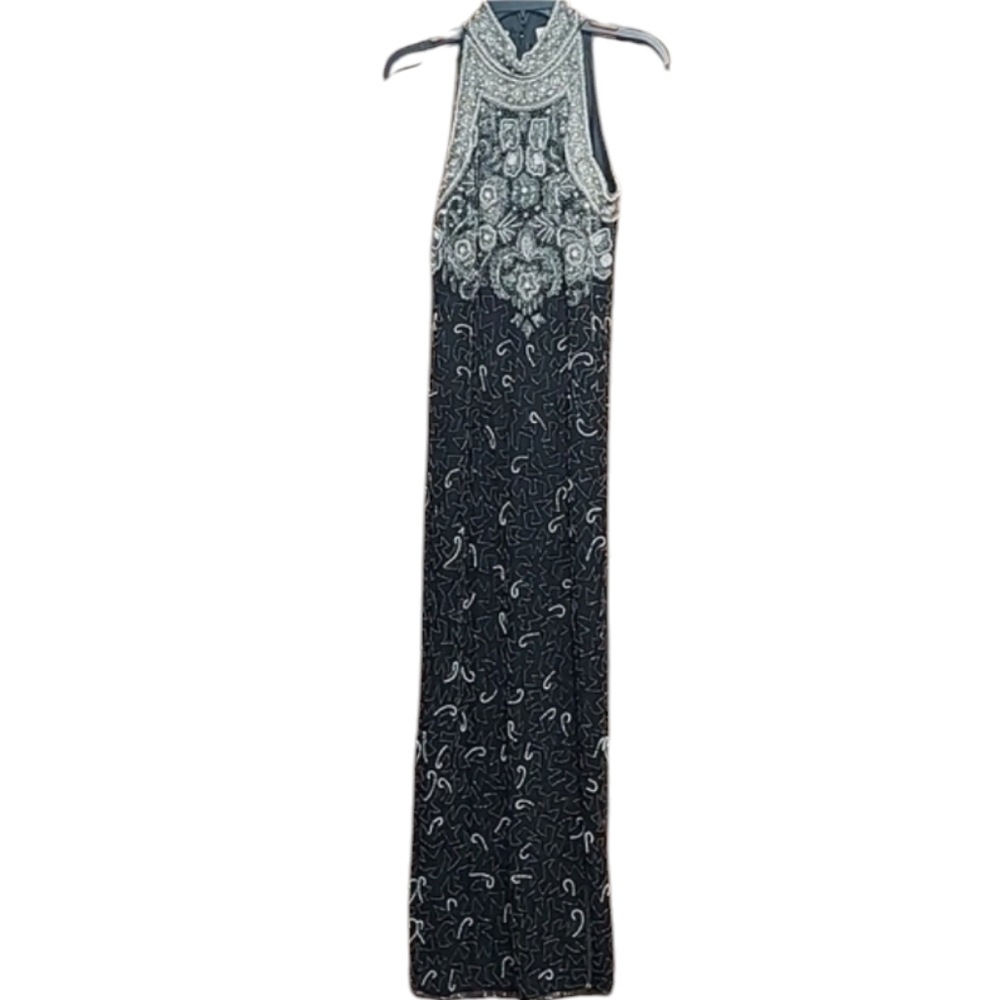 Lew magram 100% silk glass and seed pearl beaded floral chest long dress Size S